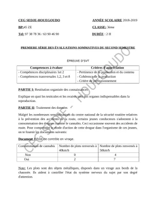 Première page de SVT 3e, 3e ML — 1re évaluation sommative, 2e semestre (2018-2019) · CEG Sèdjè-Houègoudo