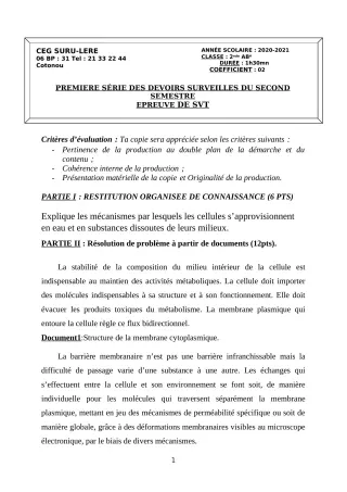 Première page de SVT 2nde A1, 2nde A2, 2nde B, 2nde C, 2nde D — 1er devoir surveillé, 2e semestre (2020-2021) · CEG SURU-LERE