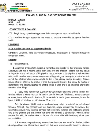 Première page de Examen Blanc de ANGLAIS — Tle C, Tle D — CEG1 Adjarra (2020)