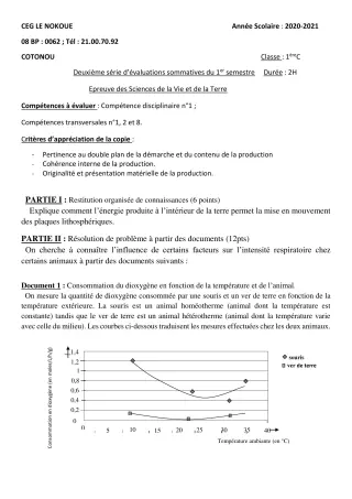 Première page de SVT 1ère C — Évaluation sommative, 1er semestre (2020-2021) · CEG LE NOKOUE