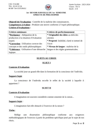 Première page de Philosophie Tle A2 — 1er devoir surveillé, 1er semestre (2023-2024) · CEG Yagbe