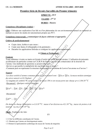 Première page de PCT 2nde C, 2nde D — 1er devoir surveillé, 1er trimestre (2019-2020) · CPEG La Moisson