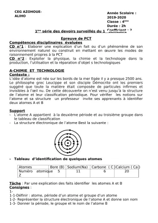 Première page de PCT 4e — 1er devoir surveillé (2019-2020) · CEG AZOHOUE-ALIHO
