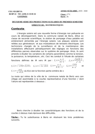 Première page de Mathématiques 2nde C — 2e production scolaire, 1er semestre (2019-2020) · CEG SEGBEYA