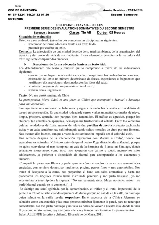 Première page de Espagnol Tle A1, Tle A2, Tle B — 1re évaluation sommative, 2e semestre (2019-2020) · CEG Dantokpa