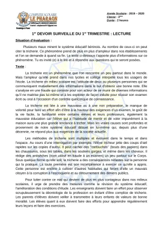 Première page de Français 3e, 3e ML — 1er devoir surveillé, 1er trimestre (2019-2020) · CPEG LE PHARAON