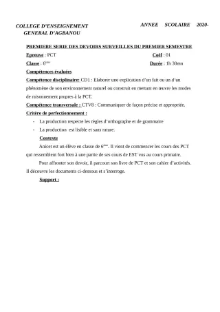 Première page de PCT 6e, 5e, 4e, 3e — 1er devoir surveillé, 1er semestre (2020-2021) · CEG AGBANOU