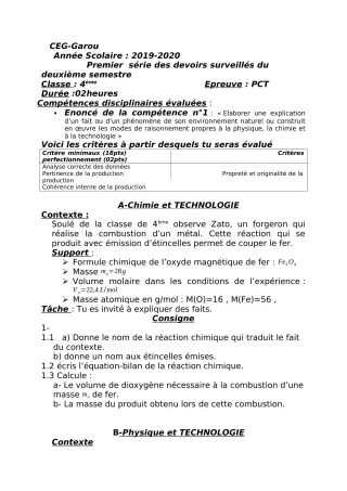 Première page de PCT 4e — 1er devoir surveillé, 2e semestre (2019-2020) · CEG GAROU