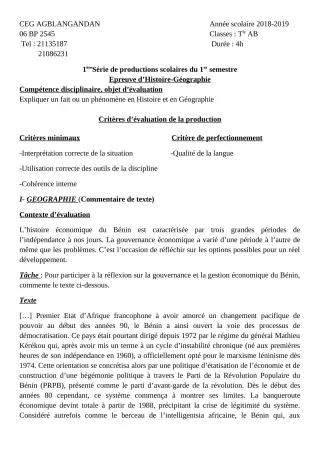 Première page de Histoire-Géographie Tle A1, Tle A2, Tle B — Production scolaire, 1er semestre (2018-2019) · CEG AGBLANGANDAN