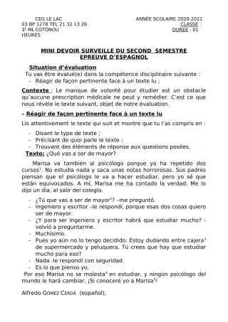 Première page de Espagnol 3e ML — 1er devoir surveillé, 2e semestre (2020-2021) · CEG du Lac