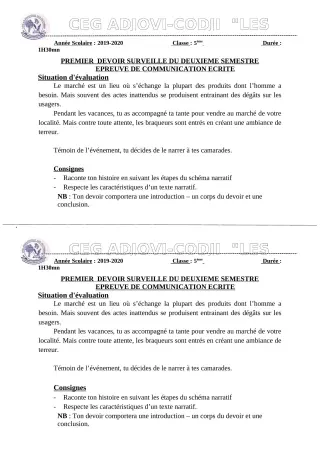 Première page de Français 5e — 1er devoir surveillé, 2e semestre (2019-2020) · CEG ADJOVICODJI 'LES OLIVIERS'