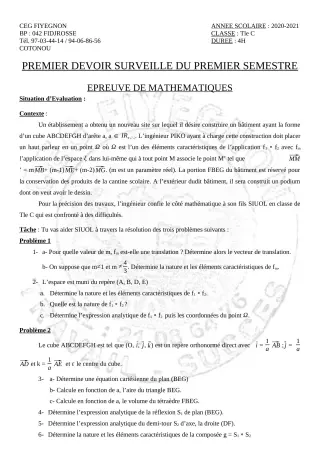 Première page de Mathématiques Tle C — 1er devoir surveillé, 1er semestre (2020-2021) · CEG FIYEGNON