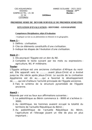 Première page de Histoire-Géographie 5e — 1er devoir surveillé, 1er semestre (2021-2022) · CEG Kouhounou-Vêdoko