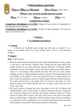 Première page de Anglais Tle A — 1er devoir surveillé, 1er semestre (2018-2019) · PMB