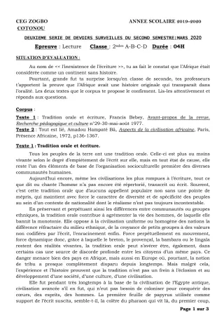 Première page de Français 2nde A, 2nde A1, 2nde A2, 2nde B, 2nde C, 2nde D — 2e devoir surveillé, 2e semestre (2019-2020) · CEG ZOGBO