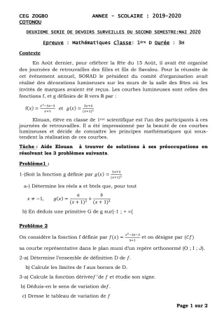 Première page de Mathématiques 1ère D — 2e devoir surveillé, 2e semestre (2019-2020) · CEG ZOGBO