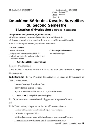 Première page de Histoire-Géographie 2nde A & B, 2nde C, 2nde D, 1ère A, 1ère B, 1ère C, 1ère D, Tle A1, Tle B, Tle C, Tle D — 2e devoir surveillé, 2e semestre (2020-2021) · CEG Agassa Godomey