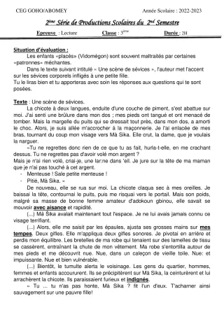 Première page de Français 3e — 2e production scolaire, 2e semestre (2022-2023) · CEG GOHO