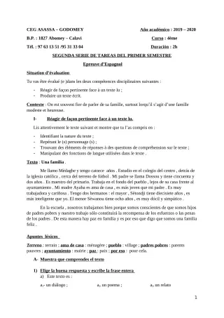 Première page de Espagnol 4e, 4e ML — 2019-2020 · CEG Agassa Godomey