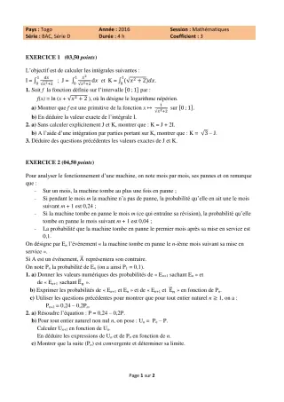 Première page de BAC 2025 Epreuve de Mathématiques série D Probable Togo