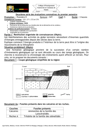 Première page de SVT 1ère D — 2e évaluation sommative, 1er semestre (2017-2018) · CEG C.P de Dompago