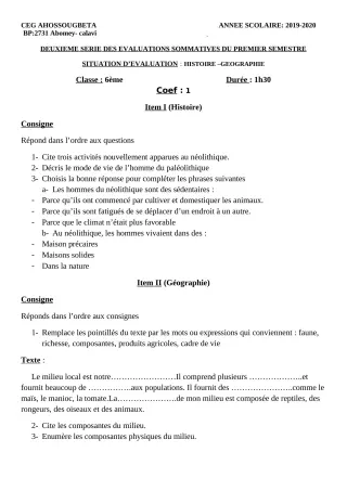 Première page de Histoire-Géographie 6e — 2e évaluation sommative, 1er semestre (2019-2020) · CEG Ahossougbéta