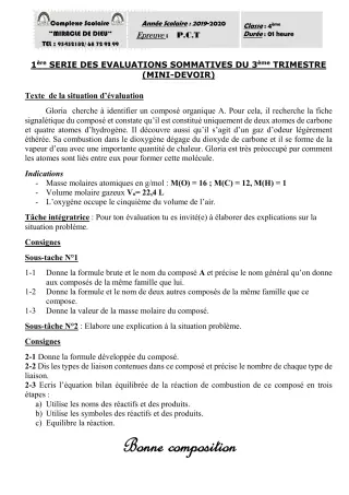 Première page de PCT 4e — 1re évaluation sommative, 3e trimestre (2019-2020) · CPEG Miracle de Dieu