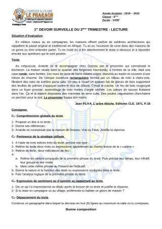 Première page de Français 6e — 1er devoir surveillé, 3e trimestre (2019-2020) · CPEG LE PHARAON