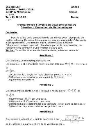 Première page de Mathématiques 2nde C — 1er devoir surveillé, 2e semestre (2018-2019) · CEG du Lac