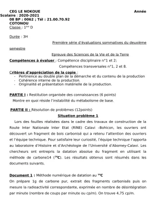 Première page de SVT 1ère D — Évaluation sommative, 2e semestre (2020-2021) · CEG LE NOKOUE