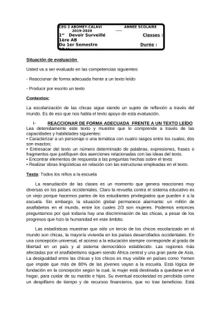 Première page de Espagnol 1ère A1, 1ère A2, 1ère B — 1er devoir surveillé, 1er semestre (2018-2019) · CEG2 ABOMEY - CALAVI (CEG ZOCA)