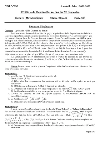 Première page de Mathématiques 2nde D — 1er devoir surveillé, 2e semestre (2022-2023) · CEG GOHO
