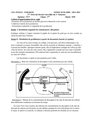 Première page de SVT 3e — 2e devoir surveillé, 1er semestre (2021-2022) · CEG ZONGO