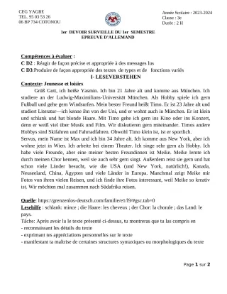 Première page de Allemand 3e — 1er devoir surveillé, 1er semestre (2023-2024) · CEG Yagbe