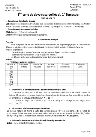 Première page de PCT 2nde D — 1er devoir surveillé, 1er semestre (2023-2024) · CEG Yagbe
