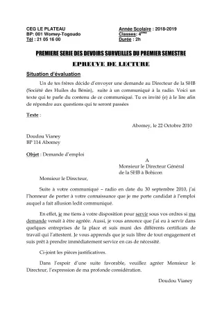 Première page de Français 4e ML — 1er devoir surveillé, 1er semestre (2018-2019) · CEG Le Plateau