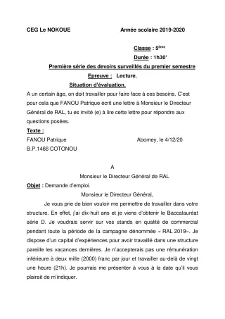 Première page de Français 5e — 1er devoir surveillé, 1er semestre (2019-2020) · CEG LE NOKOUE