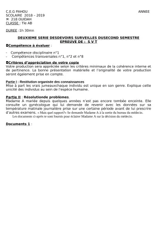 Première page de SVT Tle A1, Tle A2, Tle B — Devoir surveillé, 2e semestre (2018-2019) · CEG PAHOU