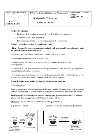 Première page de SVT 5e — Production scolaire, 1er semestre (2020-2021) · CEG SEKERE