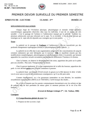 Première page de Français 3e — 1er devoir surveillé, 1er semestre (2024-2025) · CEG Yagbe