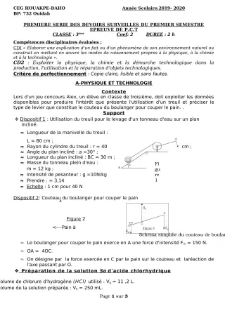 Première page de PCT 3e ML — 1er devoir surveillé, 1er semestre (2019-2020) · CEG Houakpe daho