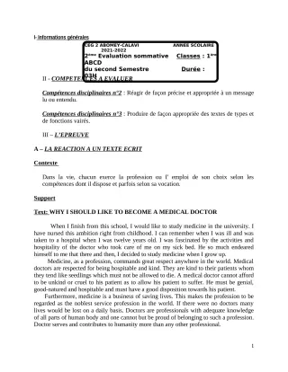 Première page de Anglais 1ère A & B — 2e évaluation sommative, 2e semestre (2021-2022) · CEG2 ABOMEY - CALAVI (CEG ZOCA)