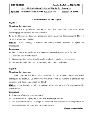 Première page de Français 5e — 2e devoir surveillé, 1er semestre (2020-2021) · CEG SEKERE