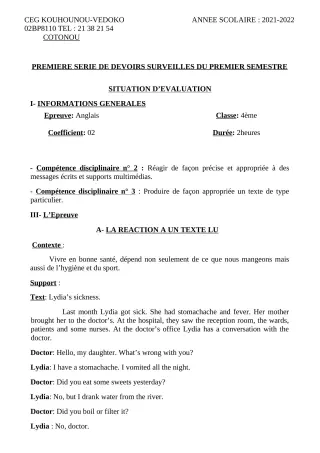 Première page de Anglais 4e — 1er devoir surveillé, 1er semestre (2021-2022) · CEG Kouhounou-Vêdoko