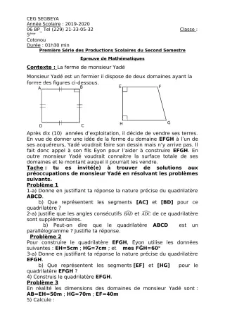 Première page de Mathématiques 5e — 1re production scolaire, 2e semestre (2019-2020) · CEG SEGBEYA