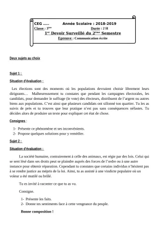 Première page de Français 3e, 3e ML — 1er devoir surveillé, 2e semestre (2018-2019) · CEG Banikanni
