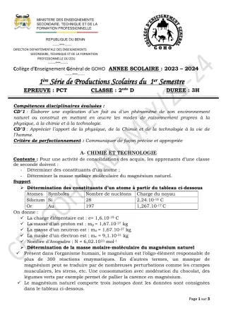 Première page de PCT 2nde D — 1re production scolaire, 1er semestre (2023-2024) · CEG GOHO