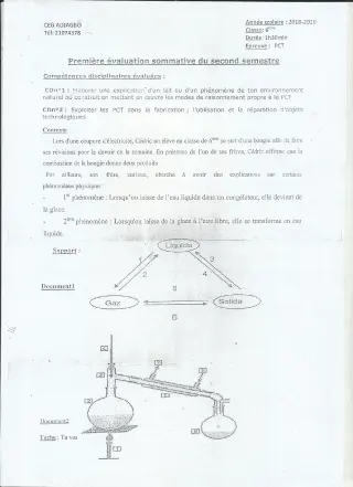 Première page de PCT 6e — 1re évaluation sommative, 2e semestre (2018-2019) · CEG ADJAGBO