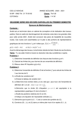 Première page de Mathématiques Tle A1, Tle A2, Tle B — 2e devoir surveillé, 1er semestre (2020-2021) · CEG LE NOKOUE