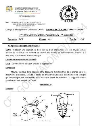 Première page de PCT 6e — 1re production scolaire, 1er semestre (2023-2024) · CEG GOHO